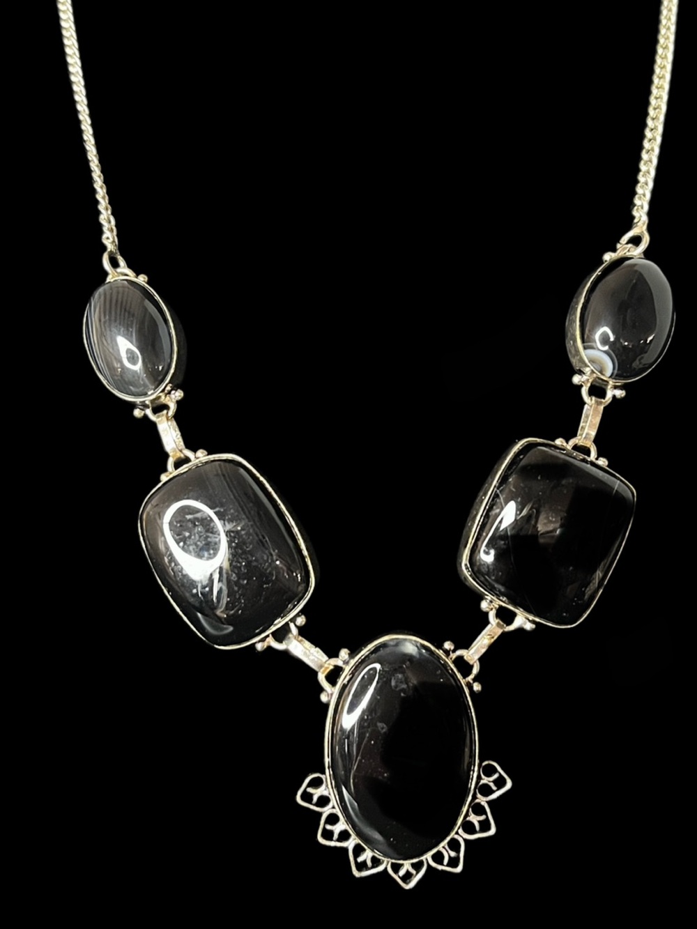 Genuine Onyx Statement Necklace with Oval & Cushion Stones 925 Sterling Silver